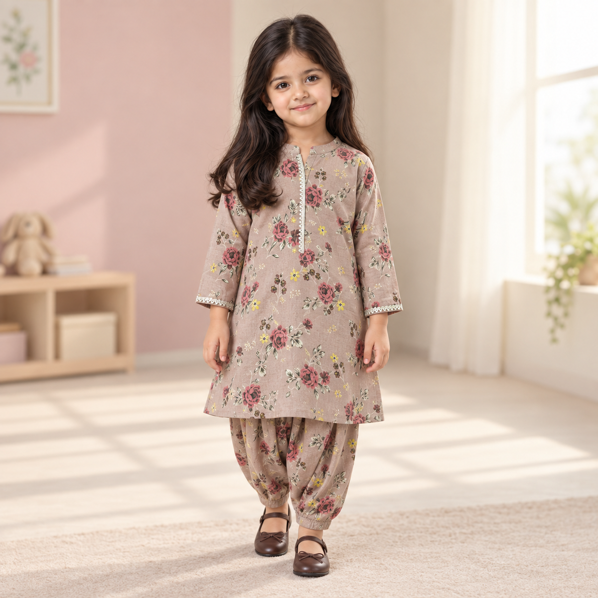 Girls Printed Kameez with Tulip Shalwar worn by an ELADENS Kids model