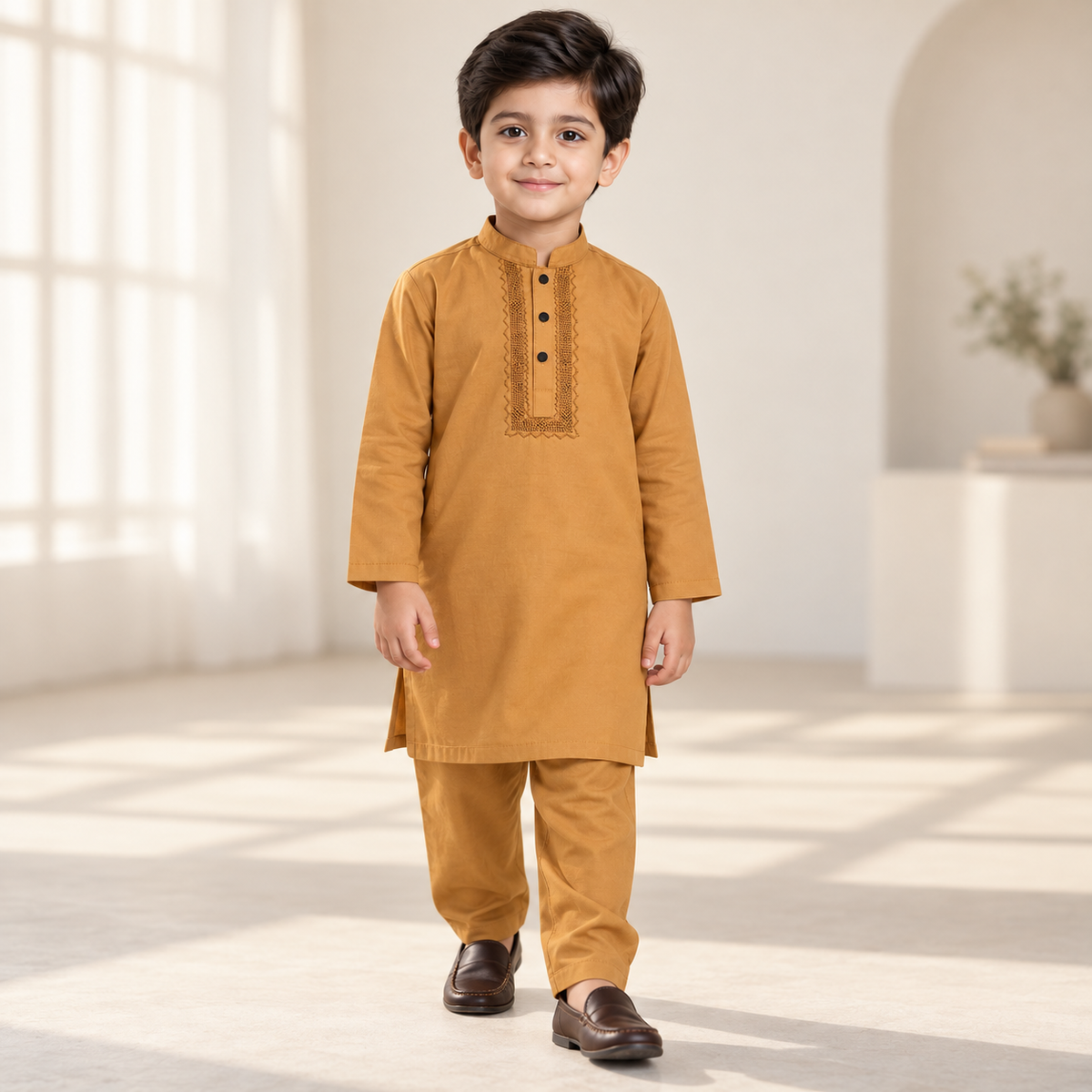 Boys Tarkashi Embroidered Amber Kurta & Trouser Set worn by an ELADENS Kids model