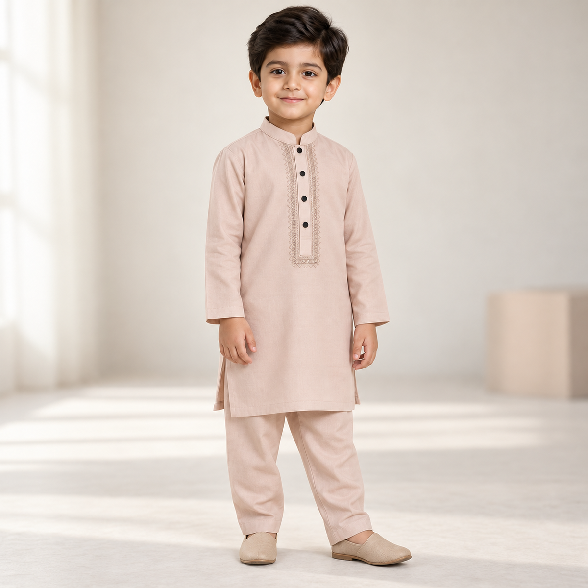 Boys Tarkashi Embroidered Powder Pink Kurta & Trouser Set worn by an ELADENS Kids model