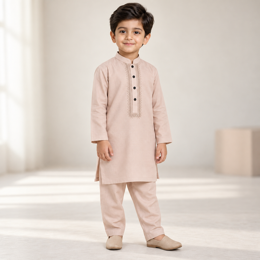 Boys Tarkashi Embroidered Powder Pink Kurta & Trouser Set worn by an ELADENS Kids model