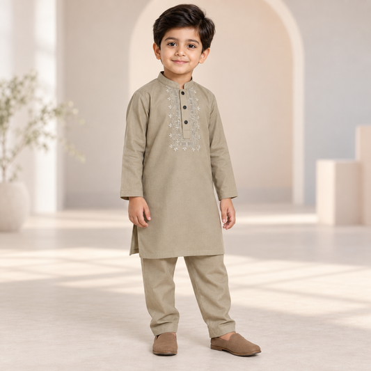 Boys Tarkashi Embroidered Moss Green Kurta & Trouser Set worn by an ELADENS Kids model
