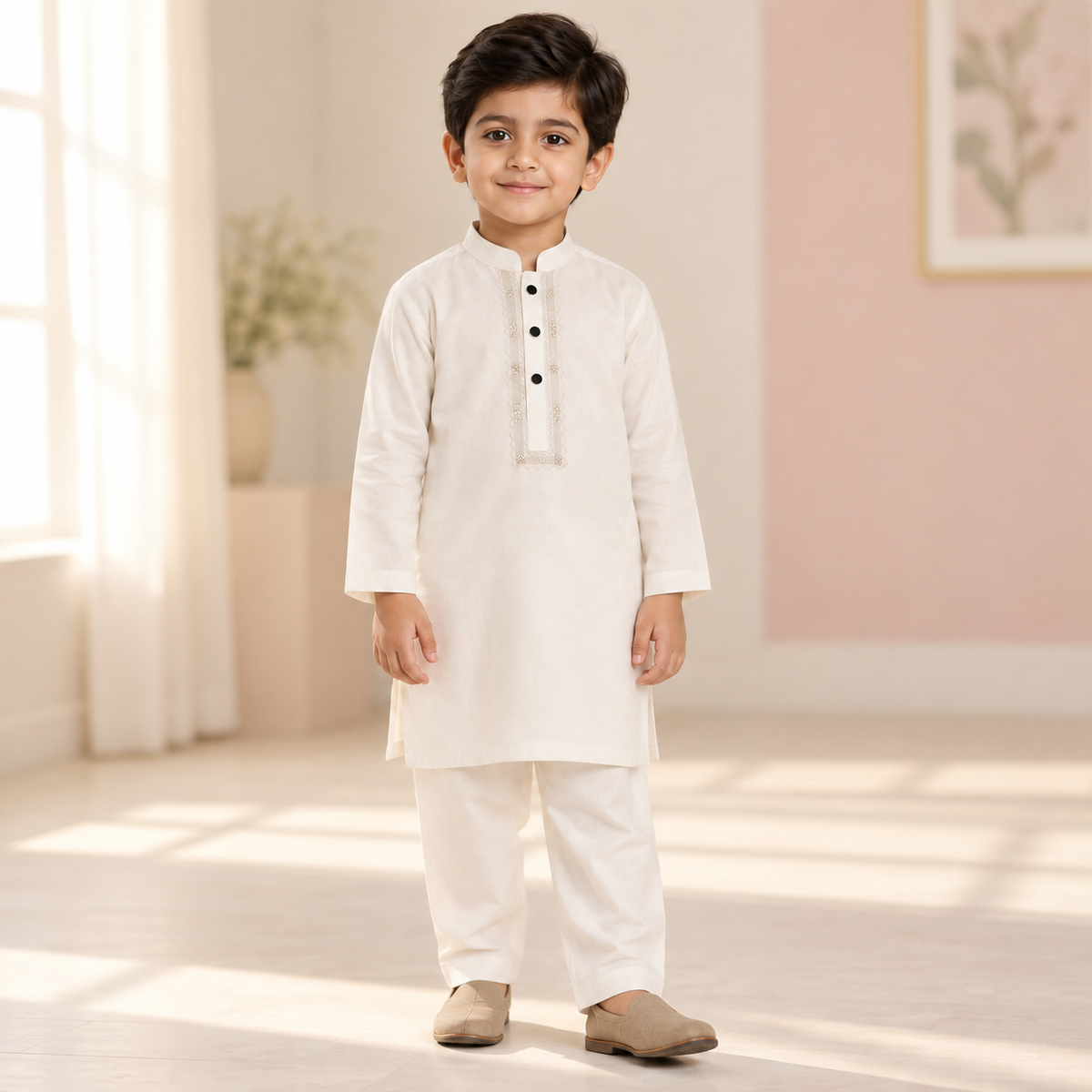 Boys Tarkashi Embroidered White Kurta & Trouser Set worn by an ELADENS Kids model