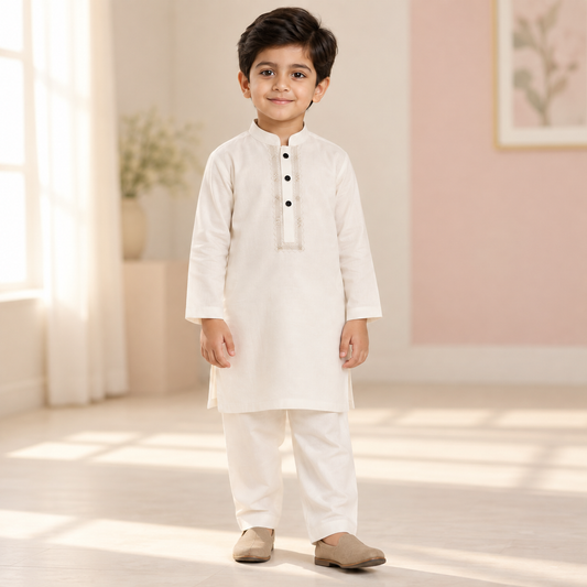 Boys Tarkashi Embroidered White Kurta & Trouser Set worn by an ELADENS Kids model