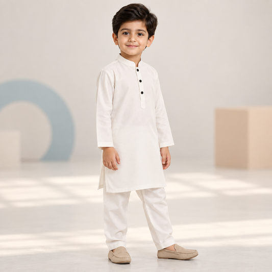 Boys White Kurta & Trouser Set worn by an ELADENS Kids model